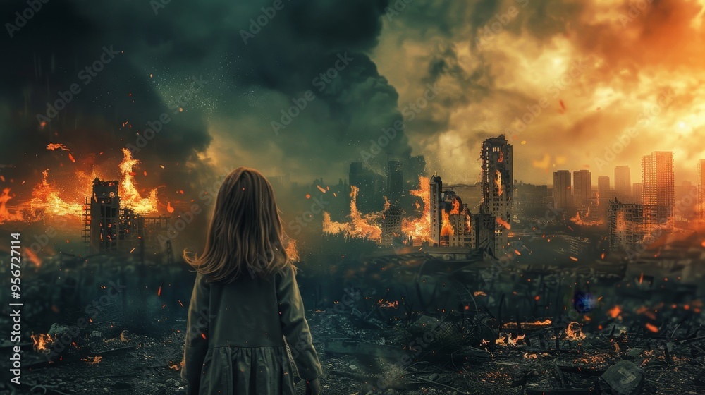 Obraz premium A little girl stares at a burning cityscape, symbolizing despair and the apocalypse ahead