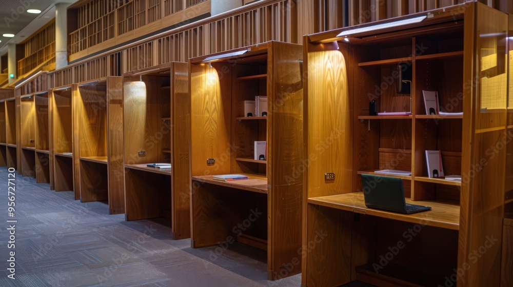 A library's study carrels providing individual, quiet spaces for focused reading and research