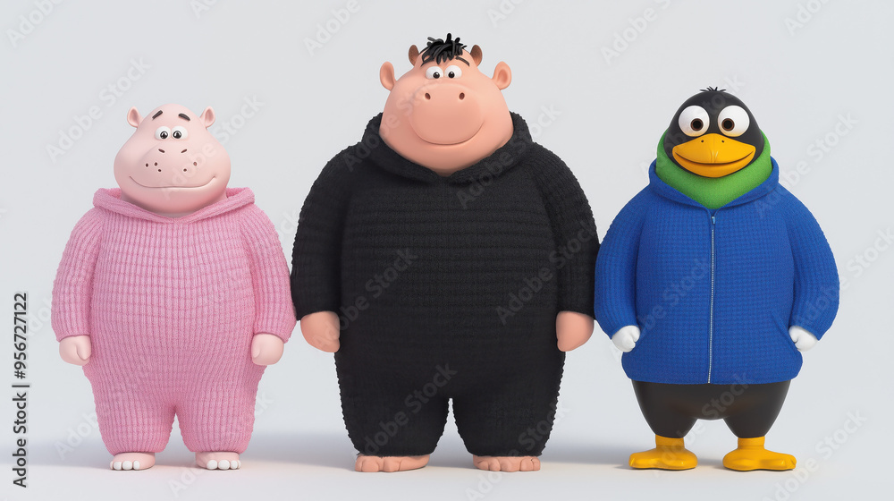 3D cartoon animation characters of animal team gangster on adventure, whimsical, funny, cute penguin, hippo, piggy for cartoon film movie storyboard, character development concept 3D cartoon animation characters of animal team gangster on adventure, whimsical, funny, cute penguin, hippo, piggy for cartoon film movie storyboard, character development concept