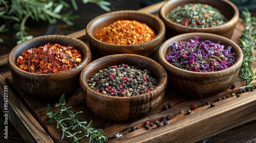 Herbal medicine concept with bowls of dried chopper herbs and spices on the wooden tray.