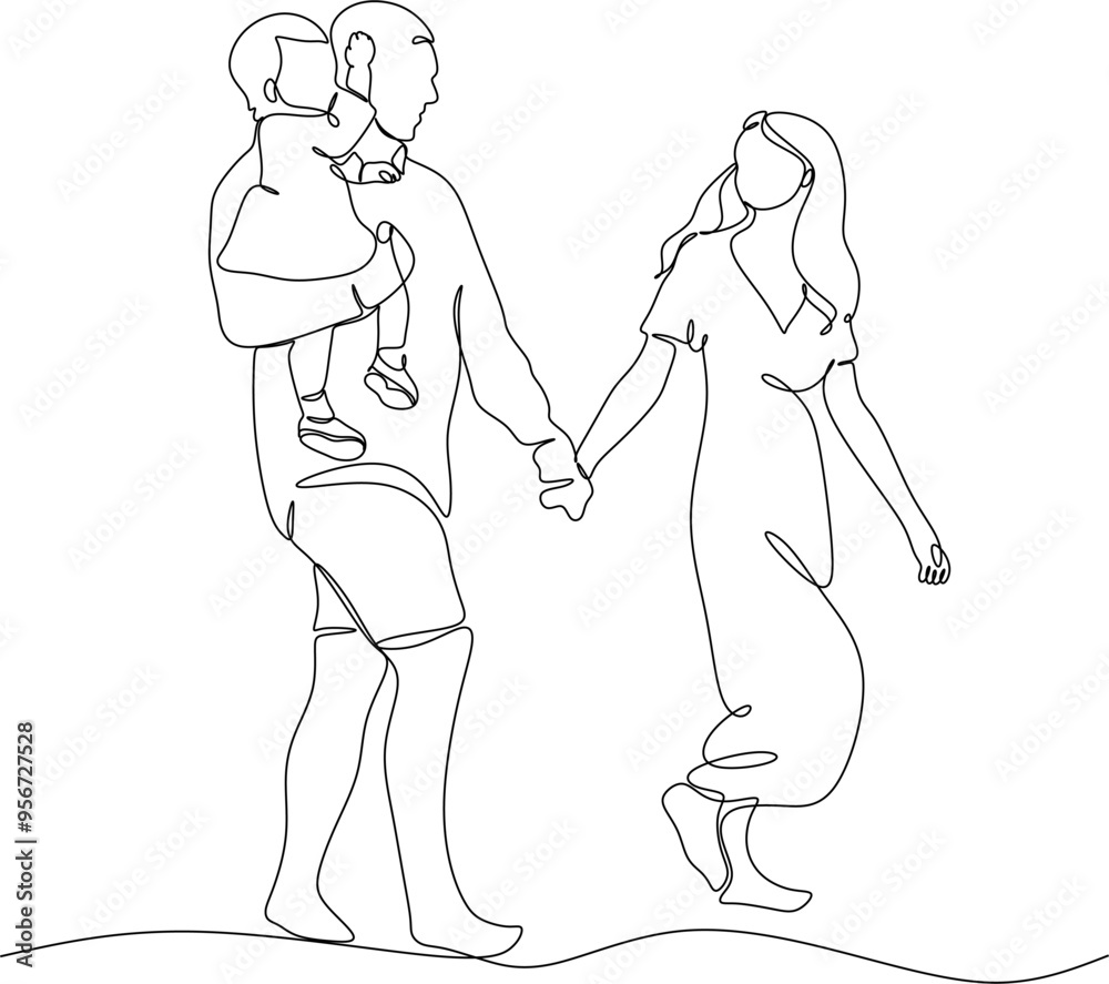 Fototapeta premium Happy family linear drawing. Walk of parents with children.