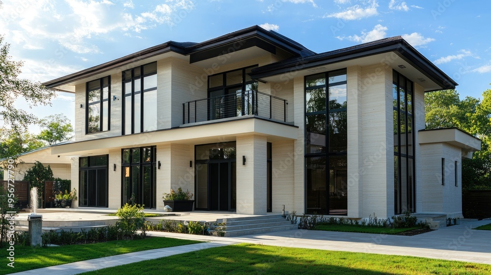Exterior view of a modern two-story villa with cream-colored walls and sleek black glass windows, showcasing a contemporary architectural style in a serene neighborhood Exterior view of a modern two-story villa with cream-colored walls and sleek black glass windows, showcasing a contemporary architectural style in a serene neighborhood
