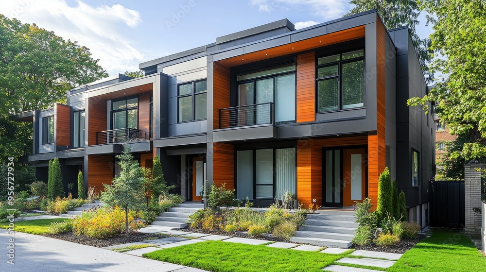 Exterior view of a modern townhouse with sleek architecture, large windows, and a landscaped front yard, showcasing contemporary urban living Exterior view of a modern townhouse with sleek architecture, large windows, and a landscaped front yard, showcasing contemporary urban living