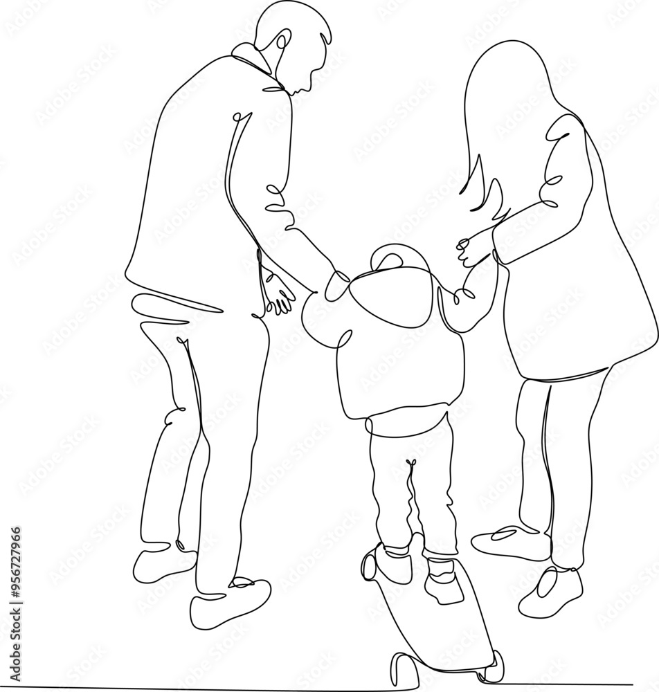 Happy family linear drawing. Walk of parents with children. Happy family linear drawing. Walk of parents with children.