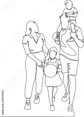 Happy family linear drawing. Walk of parents with children.