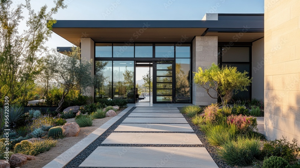 Front entrance of a modern home with a large glass door, minimalist landscaping, and a stylish path leading to the front door under a clear sky Front entrance of a modern home with a large glass door, minimalist landscaping, and a stylish path leading to the front door under a clear sky