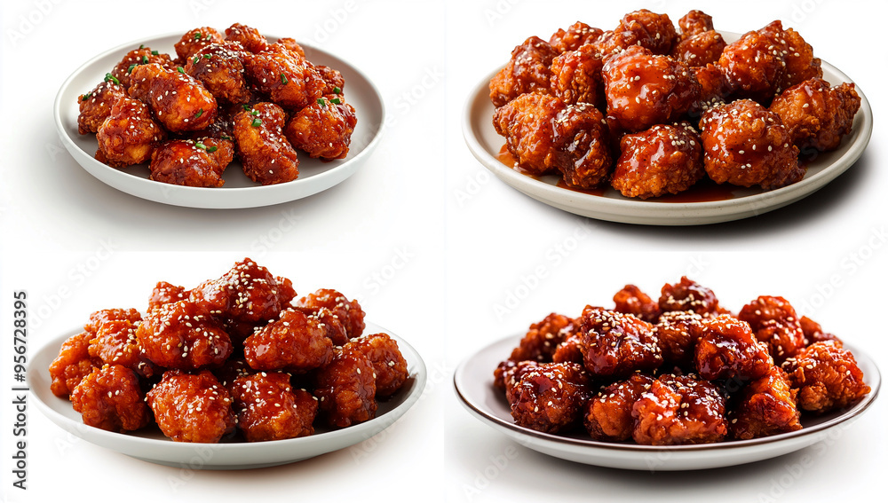 A plate of Korean fried chicken with sesame seeds, on a white background A plate of Korean fried chicken with sesame seeds, on a white background