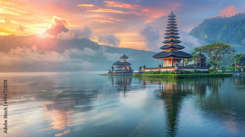 Obraz premium Landscape view of Pura Ulun Danu Beratan the Floating Temple in Bali , Indonesia in morning.