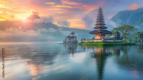 Landscape view of Pura Ulun Danu Beratan the Floating Temple in Bali , Indonesia in morning.