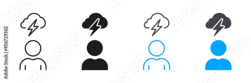 Man Brainstorming Line and Silhouette Icon Set. Thunder Storm with Cloud and Lightning. Creativity Think, Strategy Solution Symbol. Editable Stroke. Isolated Vector Illustration
