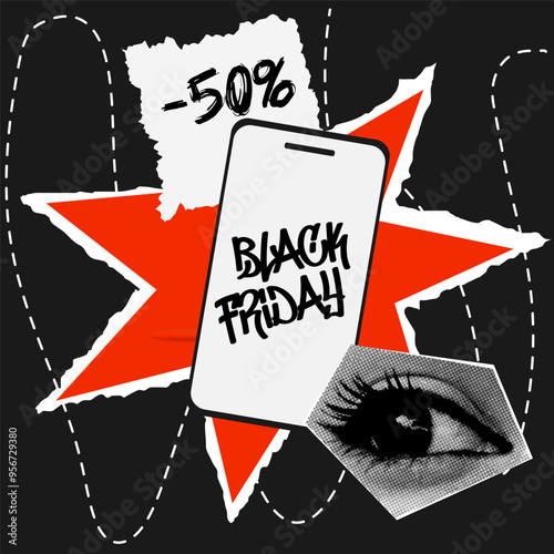 Black Friday collage, post, halftone eye banner discount and space for text on scrap paper.