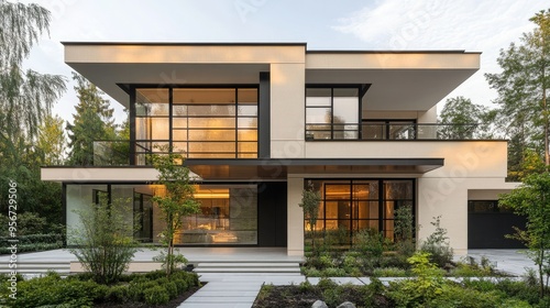 Front view of a modern villa with a cream facade, black glass windows, and a minimalist garden, capturing the elegance and simplicity of contemporary home design