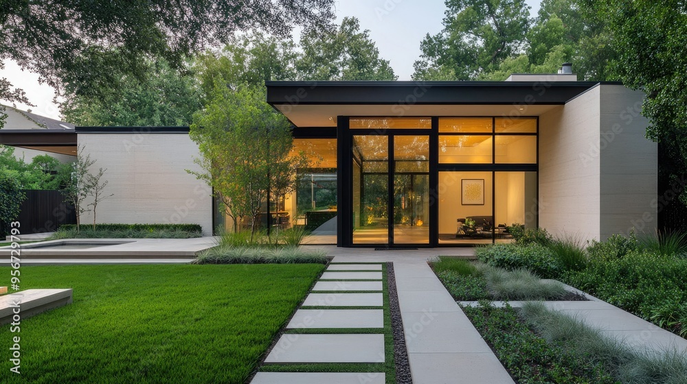 Front yard of a modern home with a minimalist garden, sleek pathway, and large glass front door, emphasizing clean lines and contemporary design Front yard of a modern home with a minimalist garden, sleek pathway, and large glass front door, emphasizing clean lines and contemporary design
