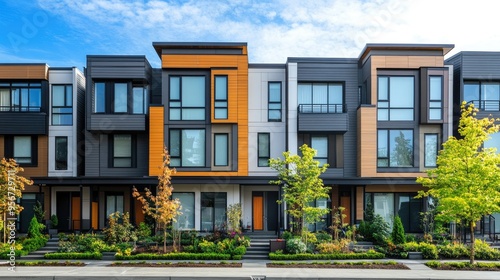 Fototapeta Naklejka Na Ścianę i Meble -  Front view of a row of modern townhouses, each with unique facades, large windows, and small landscaped front yards, capturing urban residential architecture