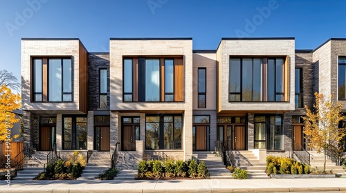 Fototapeta Naklejka Na Ścianę i Meble -  Front view of a row of modern townhouses, each with unique facades, large windows, and small landscaped front yards, capturing urban residential architecture