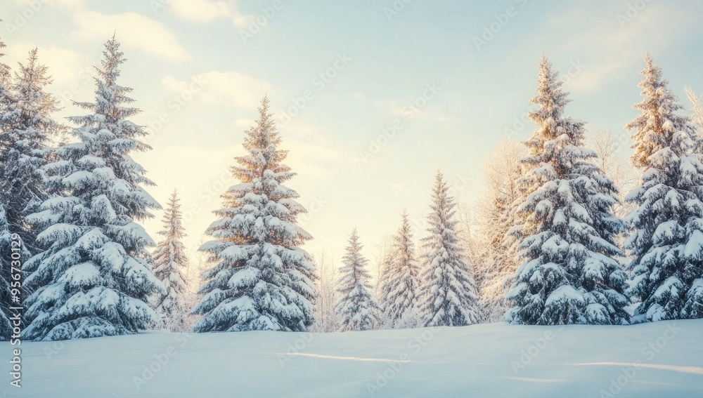 Fototapeta premium Snowy Forest Landscape at Sunrise