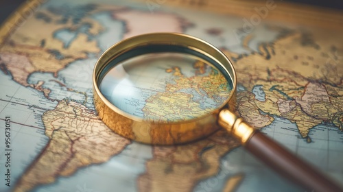 Close-up of a magnifying glass over a world map, zooming in on specific continents. Symbolizes global search or research photo