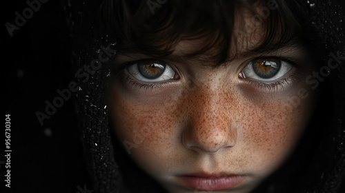 poignant portrait of a despondent child with haunting eyes set against a somber background evokes empathy and urgency to address child exploitation issues through powerful visual storytelling photo