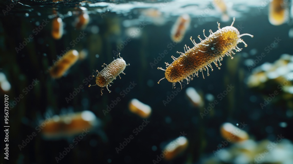 Fototapeta premium Close-up of harmful microorganisms and bacteria in murky water, set against a dark backdrop. The scene showcases the dangers of waterborne pathogens.