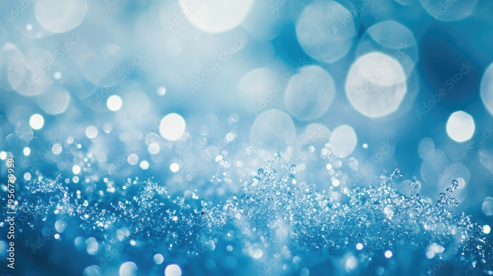 Cold snowflakes and water drops blur into white ice bokeh against a sparkling blue background, creating a dreamy, frosty winter scene. Perfect for holiday-themed designs. Cold snowflakes and water drops blur into white ice bokeh against a sparkling blue background, creating a dreamy, frosty winter scene. Perfect for holiday-themed designs.