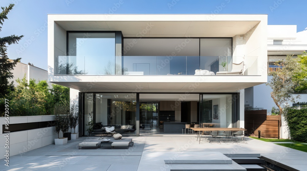 A modern 2-storey home with an open floor plan, featuring large glass doors that open onto a spacious terrace and a sleek, minimalist design A modern 2-storey home with an open floor plan, featuring large glass doors that open onto a spacious terrace and a sleek, minimalist design