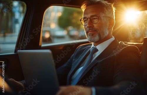 A well-dressed man in a suit is sitting in the back seat of a MPV, holding his laptop and looking at it as bright sunlight shines through from outside. 