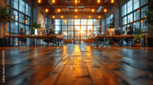 Modern Office Space With Wooden Flooring And Warm Lighting