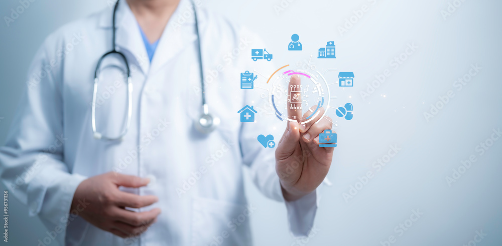 Medical worker touching virtual medical revolution and advance of technology Artificial Intelligence and treatment report concept.health and access to welfare health.telemedicine Medical worker touching virtual medical revolution and advance of technology Artificial Intelligence and treatment report concept.health and access to welfare health.telemedicine