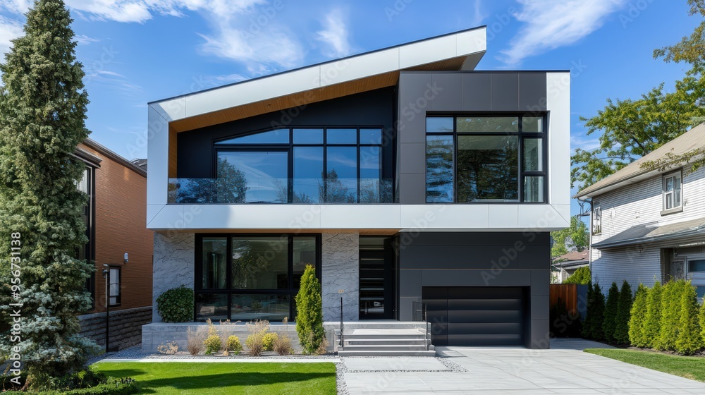 A modern 2-storey residence with a striking geometric facade, large windows, and a combination of bold materials such as steel and glass A modern 2-storey residence with a striking geometric facade, large windows, and a combination of bold materials such as steel and glass