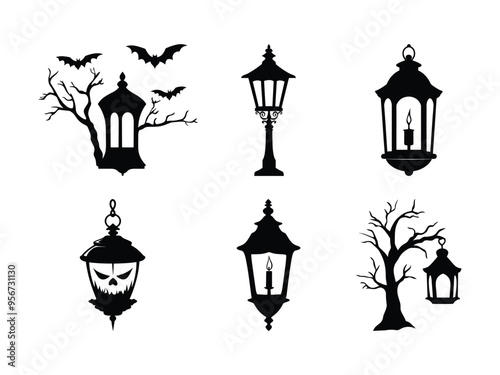 Spooky Halloween Lantern Silhouettes with Haunted Trees and Bats - Gothic Vector Clipart.