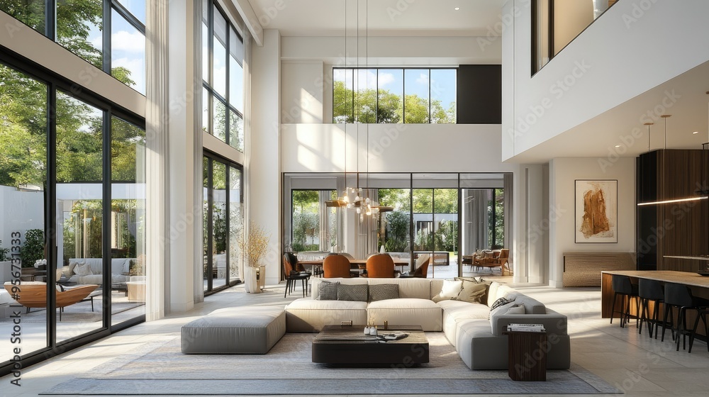 Interior of a modern townhouse with an open floor plan, featuring a stylish living area with contemporary furniture and large windows allowing natural light Interior of a modern townhouse with an open floor plan, featuring a stylish living area with contemporary furniture and large windows allowing natural light