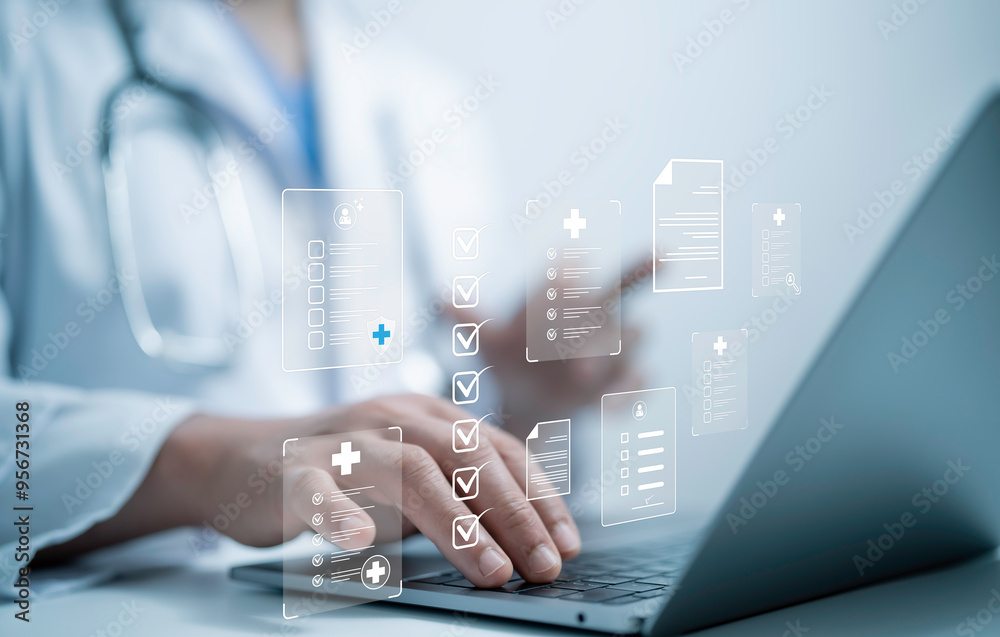 Medical performance checklist, Medical worker using laptop doing online ...