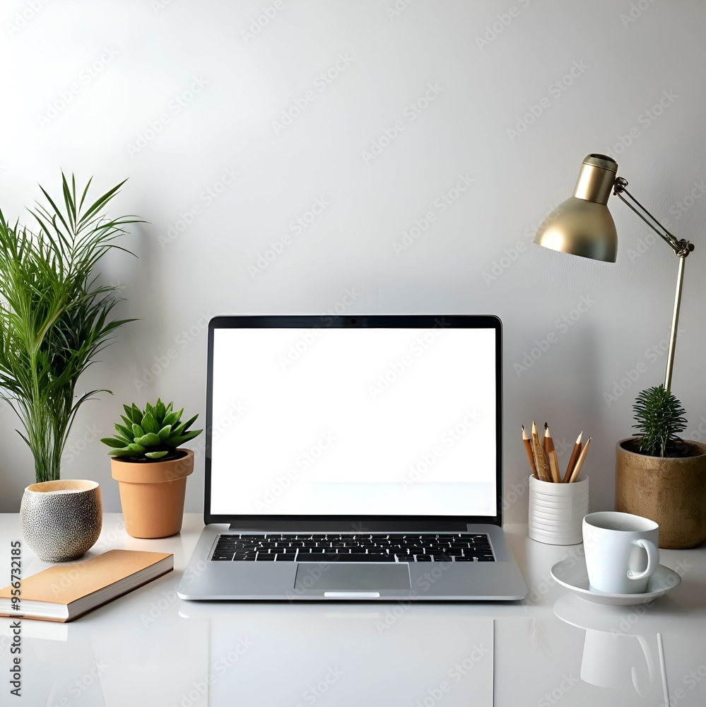 Minimalist workspace mockup with a blank laptop screen. perfect for showcasing website designs. app interfaces. or product presentations. Minimalist workspace mockup with a blank laptop screen. perfect for showcasing website designs. app interfaces. or product presentations.