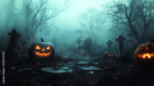 Spooky Halloween background featuring glowing jack-o'-lanterns in a foggy graveyard. photo