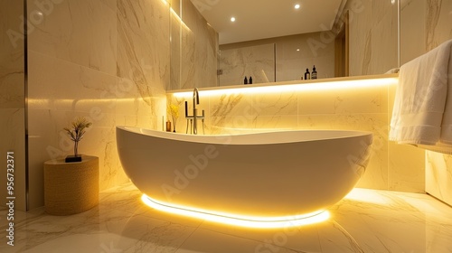 Luxurious modern bathroom with a built-in bathtub, large marble slabs on the walls, underfloor heating, and soft recessed lighting for a relaxing ambiance photo