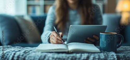 A person is writing in an open notebook, sitting at their desk with a laptop and coffee mug beside them.
