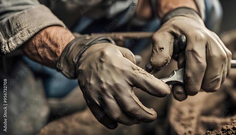 Close-up of construction workers gloved hands holding a tool. Manual labor concept
