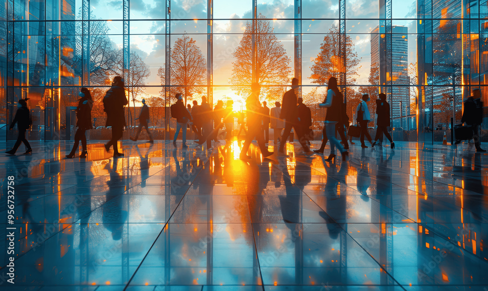 Busy Urban Scene With People Walking Inside Modern Glass Building During Sunset Busy Urban Scene With People Walking Inside Modern Glass Building During Sunset