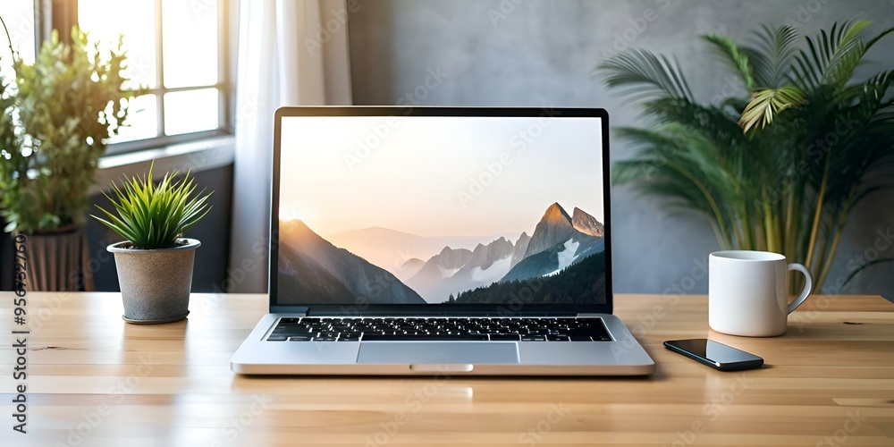 Fototapeta premium A modern. sleek MacBook Pro with a beautiful mountain landscape displayed on the screen.