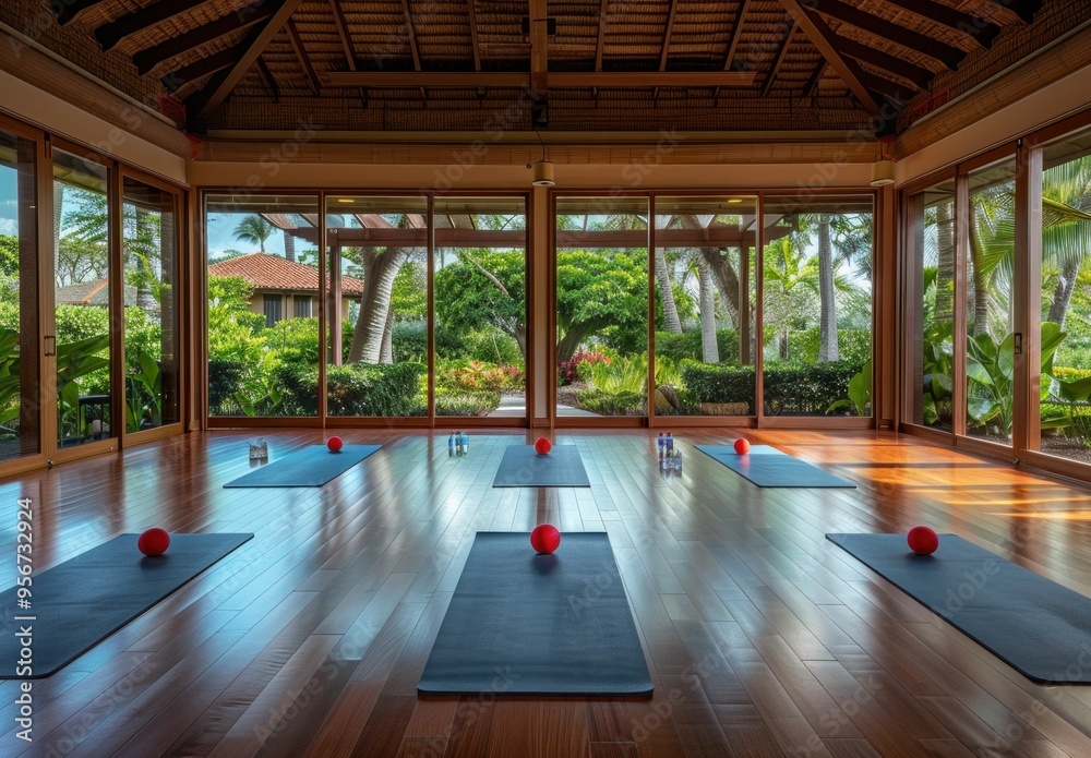 Spacious yoga studio with mats and fitness equipment surrounded by lush greenery and natural light Spacious yoga studio with mats and fitness equipment surrounded by lush greenery and natural light