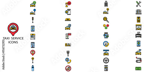 Taxi service simple concept 36 colour icons set. Contains such transport, driver, passenger on travel, people and city traffic.Vector illustration.