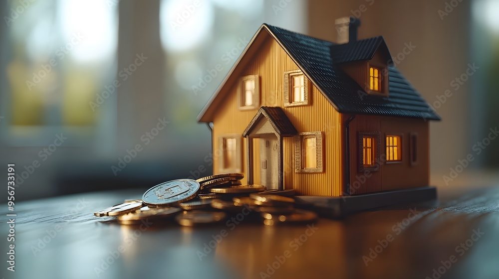 Managing financial risks after home loan refinancing in real estate ventures close up, risk management, ethereal, Fusion, House keys with a house model