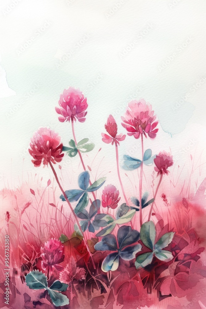 Naklejka premium Hand Drawn Watercolor Floral Art of Red Clover Blossoms with Pink and Purple Tincture Bottle