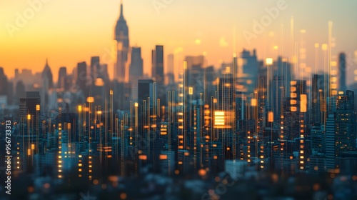 Real estate investment growth potential illustrated through a portfolio review meeting, focusing on long-term wealth creation, focus on, theme property growth, dynamic, Overlay, city skyline backdrop