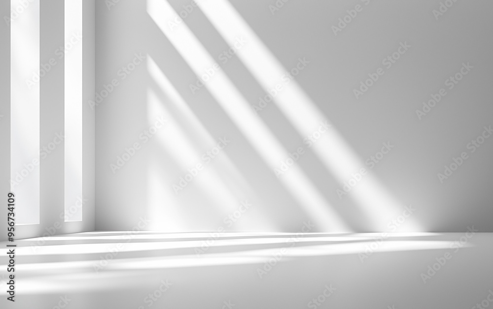 Obraz premium Minimalist Abstract White Background with Soft Shadows and Light Reflections, Ideal for Product Display or Advertising Backdrop in a Studio Setting.