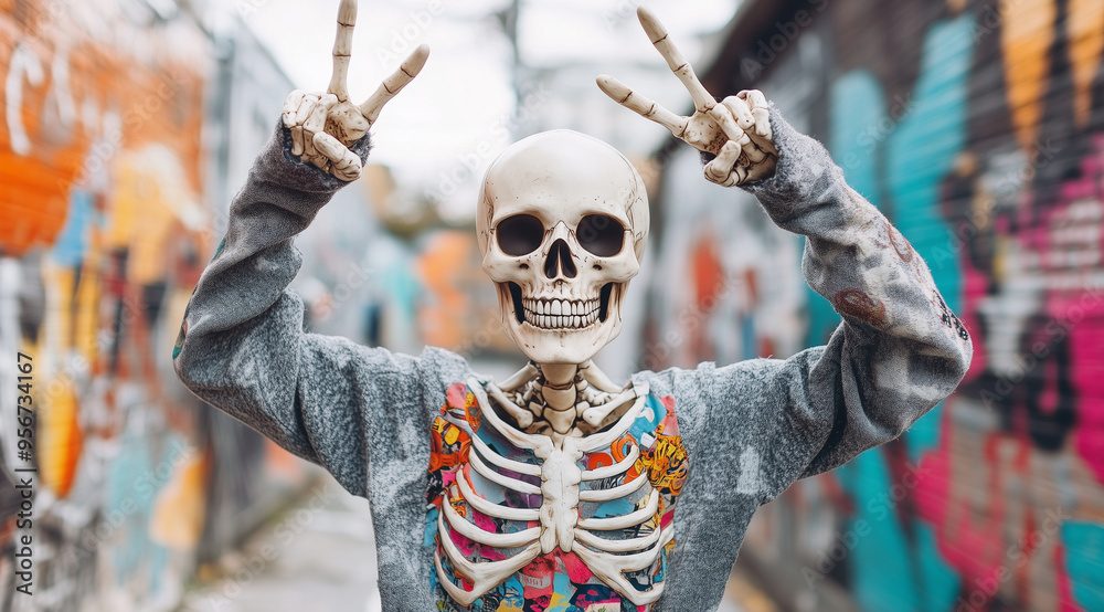 A playful skeleton flashes a peace sign in a colorful urban alleyway A playful skeleton flashes a peace sign in a colorful urban alleyway