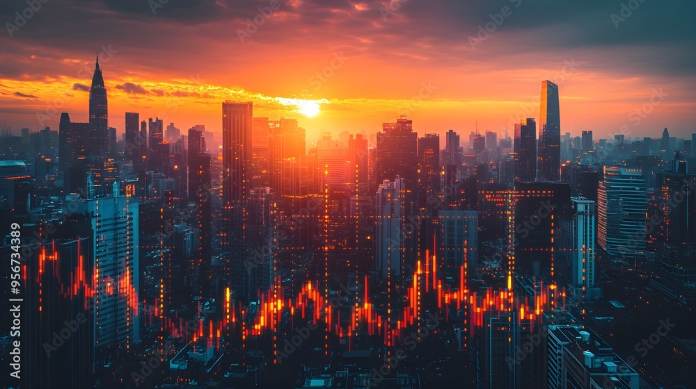 Fototapeta premium What are the potential long-term effects of real estate investment on your financial situation, focus on, theme wealth growth, vibrant, Composite, Backdrop city skyline at dusk