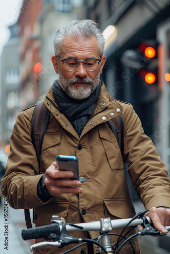 Stylish senior man using smartphone while holding his bike