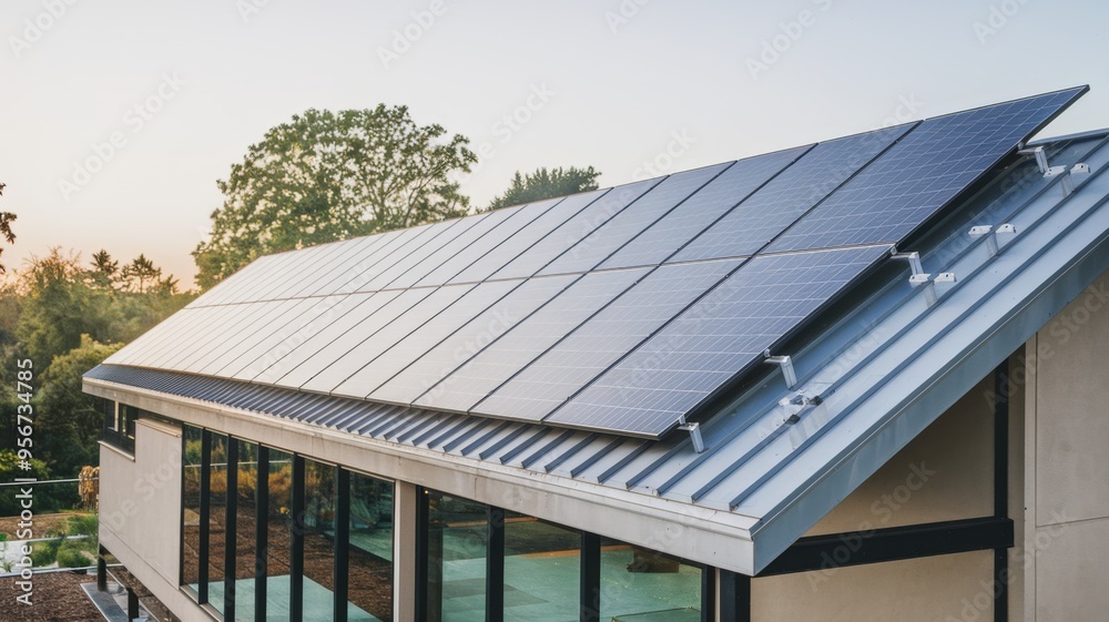 Fototapeta premium Modern Home with Solar Panel Roofing