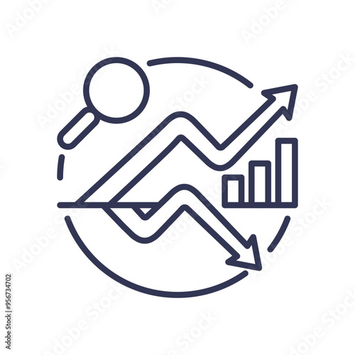 Illustration of profit and loss analysis with magnifying glass, arrows, and bar chart.